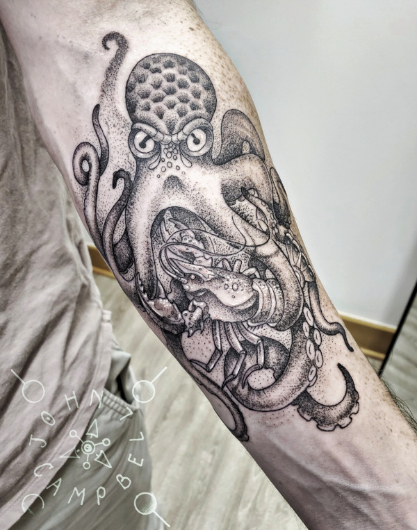 Octopus fighting king crab black and grey dotwork tattoo by John Campbell at Sacred Mandala Studio tattoo parlor in Durham, NC.